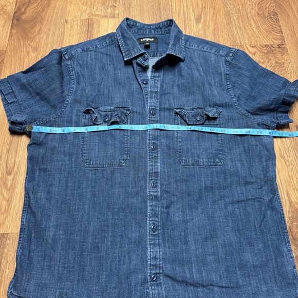 Express Mens Double Pocket Denim Short Sleeve Button Up Shirt Blue Jean Large - Picture 7 of 8